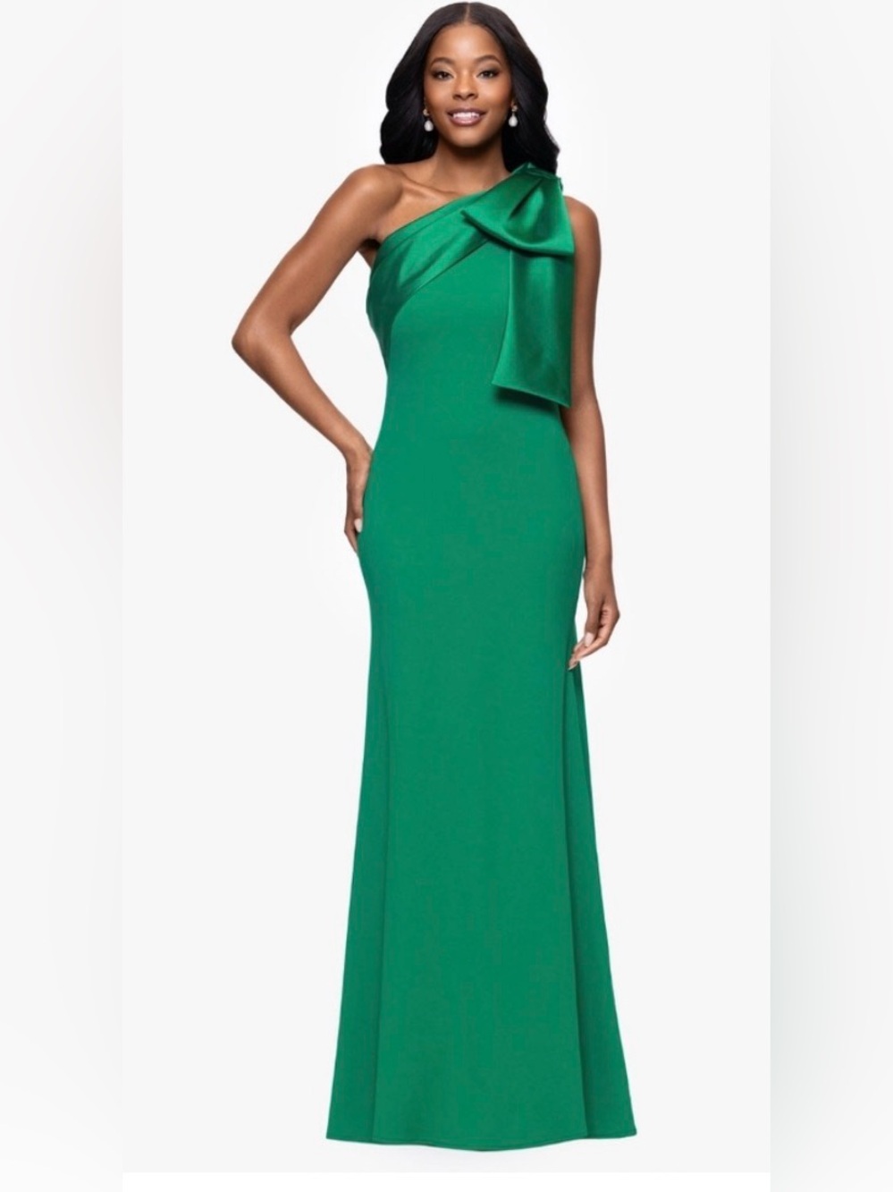 Betsy & Adam Green Scuba Crepe, Floor Length Gown with Bow. Size 8. NWT.